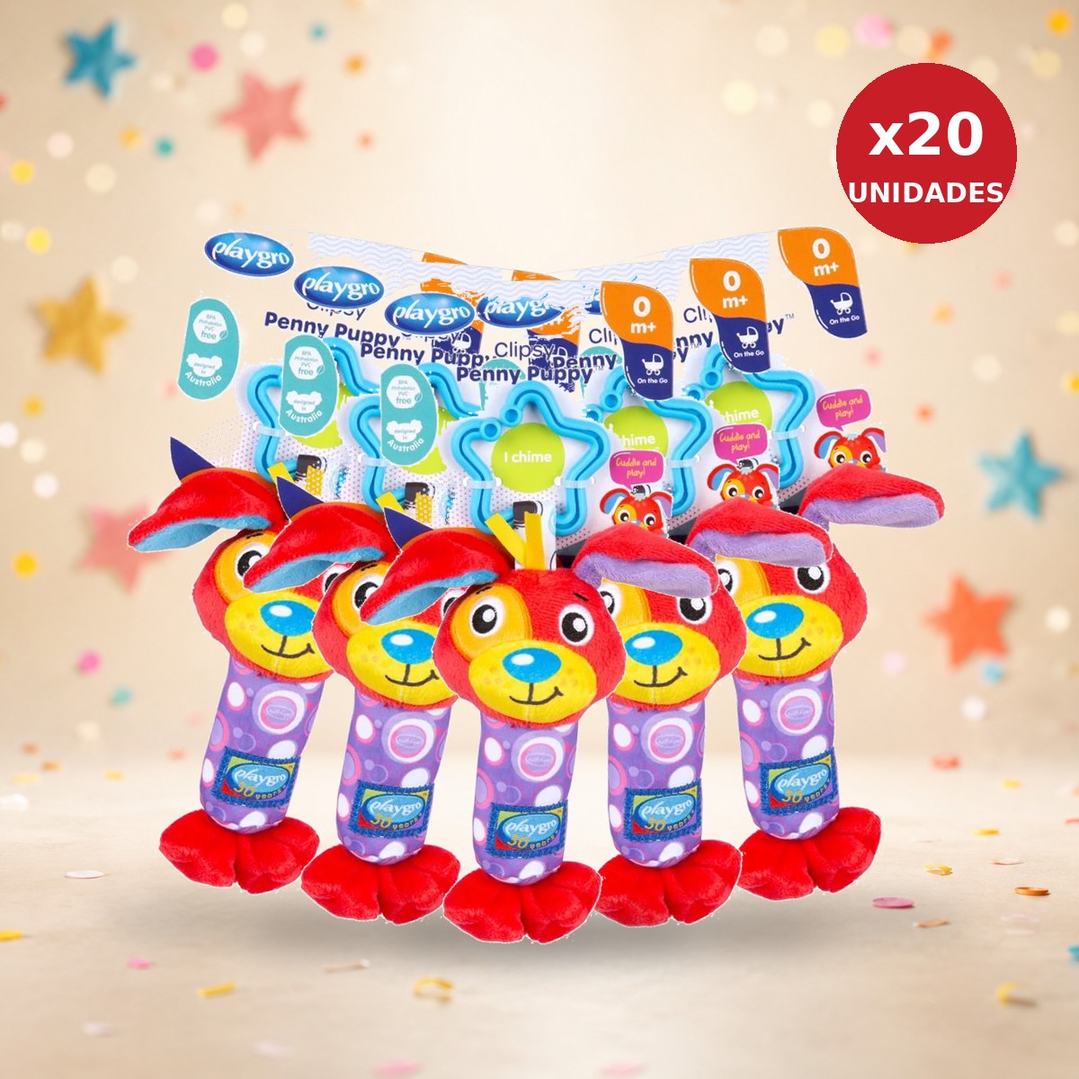 Playgro Clipsy Penny Puppy · Pack de 20 sonajeros de peluche para bebé, 0 m+ - imagen 1